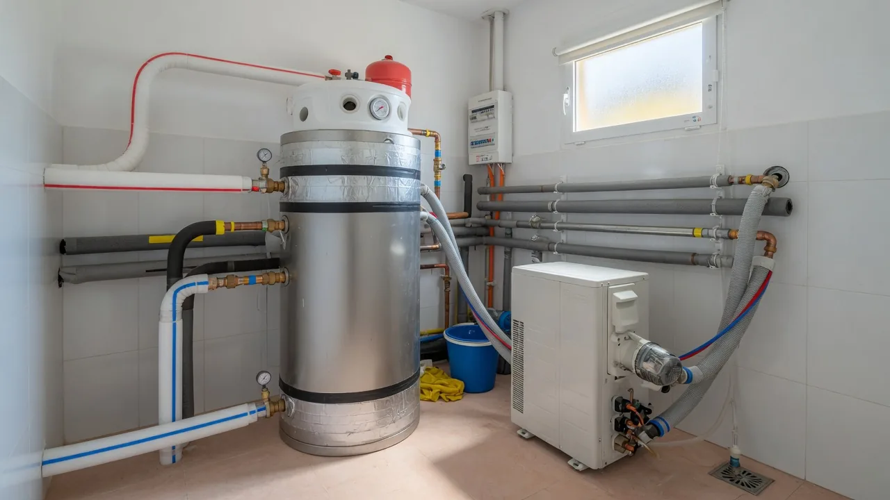 Depósito de agua caliente sanitaria e instalación hidráulica de aerotermia
