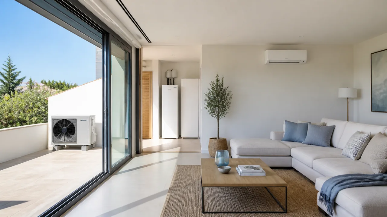 Bomba de calor aerotérmica y aire acondicionado en una vivienda contemporánea