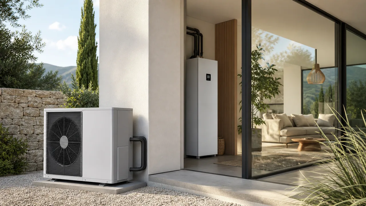 Bomba de calor aerotérmica instalada en una vivienda mediterránea