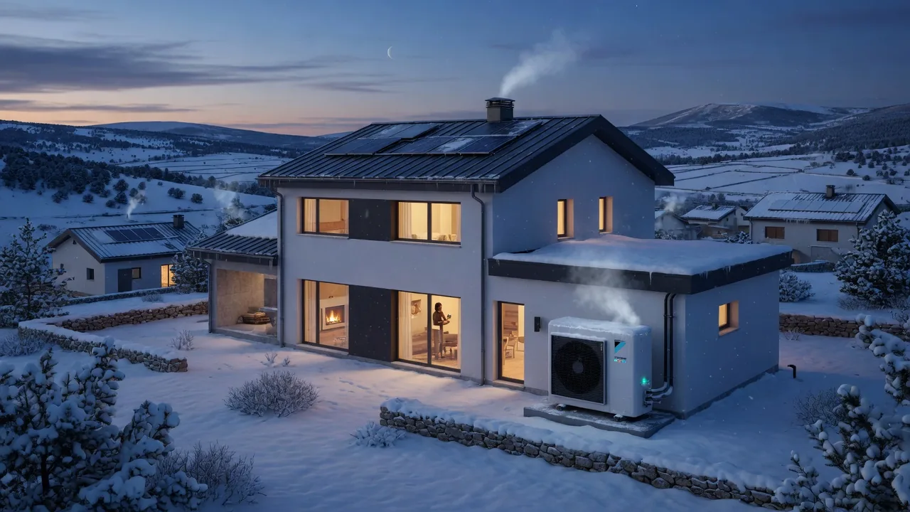 Casa con aerotermia funcionando en un clima frío e invernal
