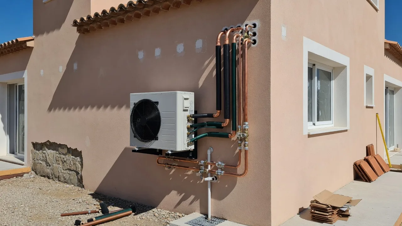 Instalación exterior de bomba de calor aerotérmica en vivienda