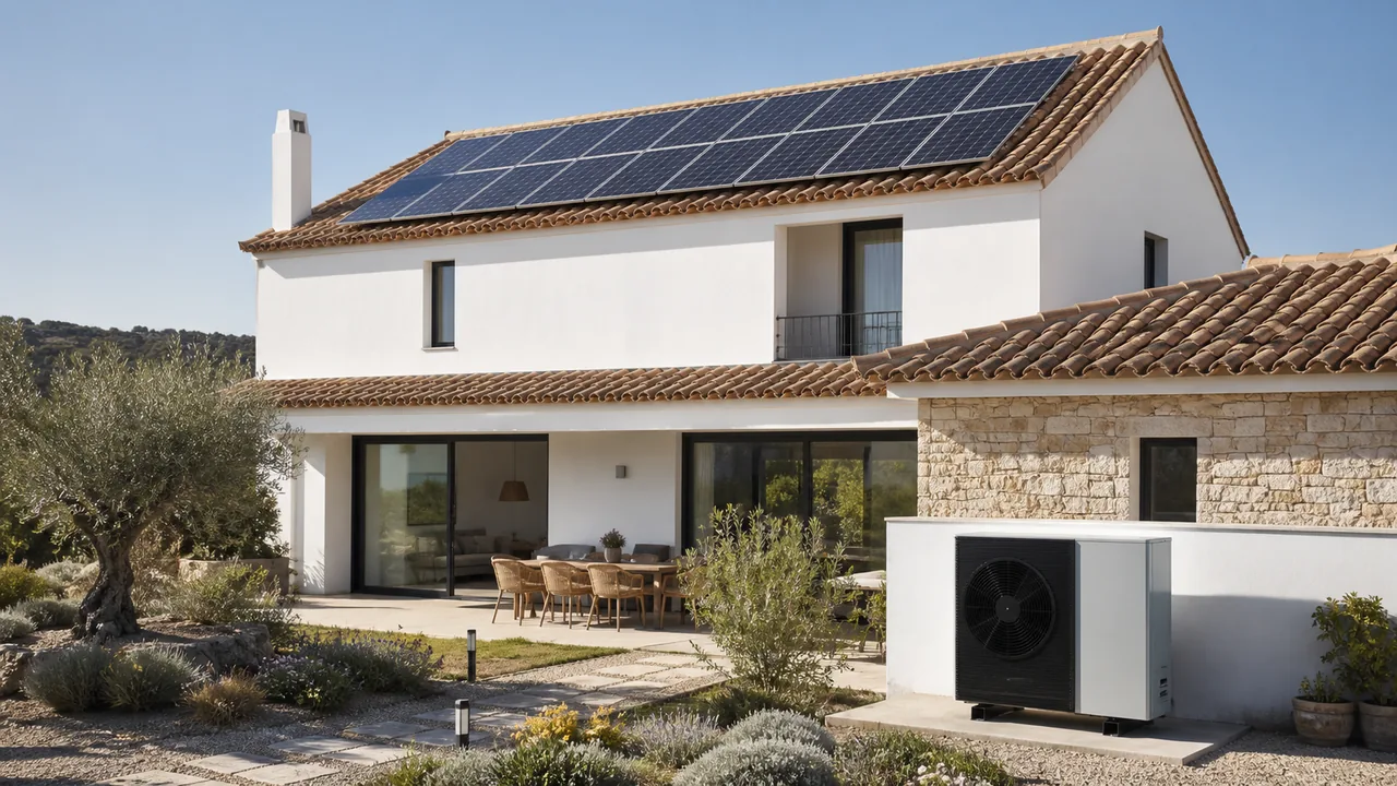 Vivienda con paneles solares y unidad exterior de aerotermia