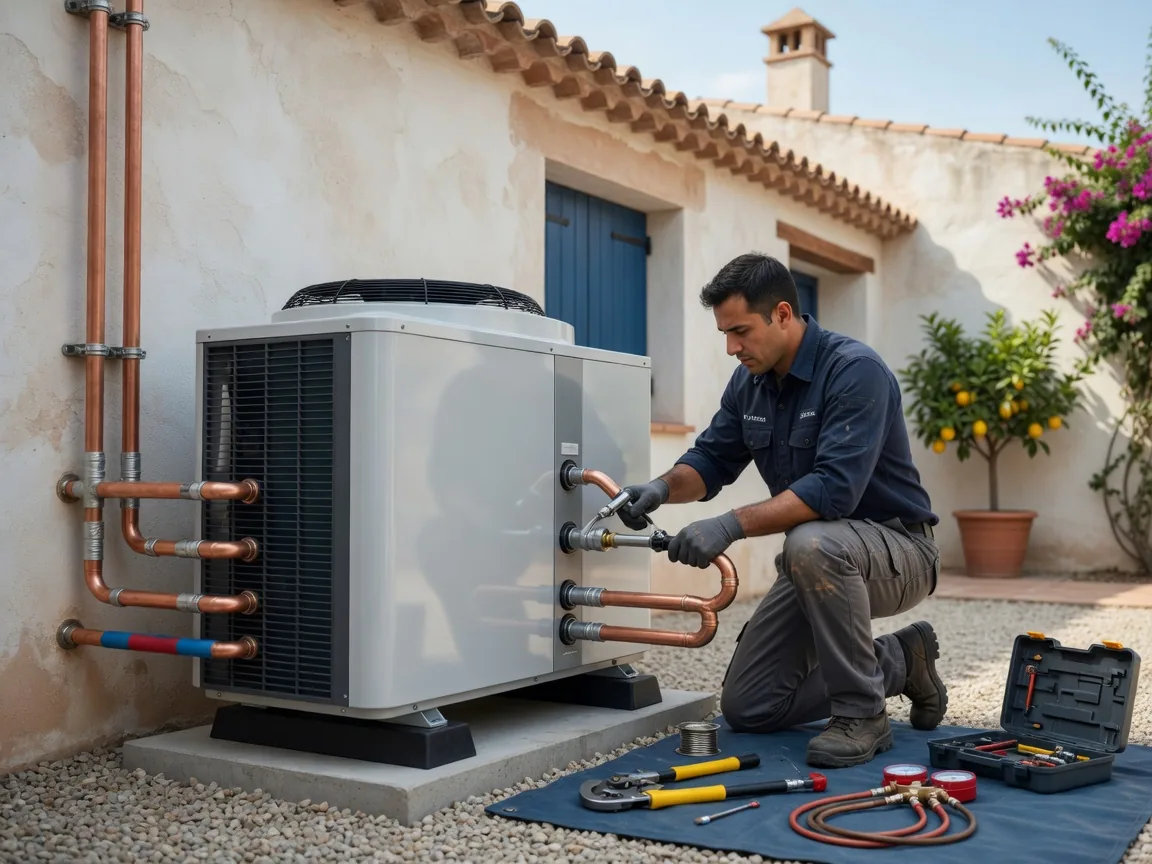 Técnico instalando una unidad de aerotermia
